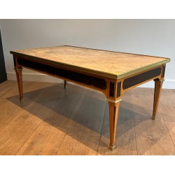 Table Basse de Style Néoclassique en Bois Patiné et Laiton à Plateau de Marbre, Travail Français, Vers 1940