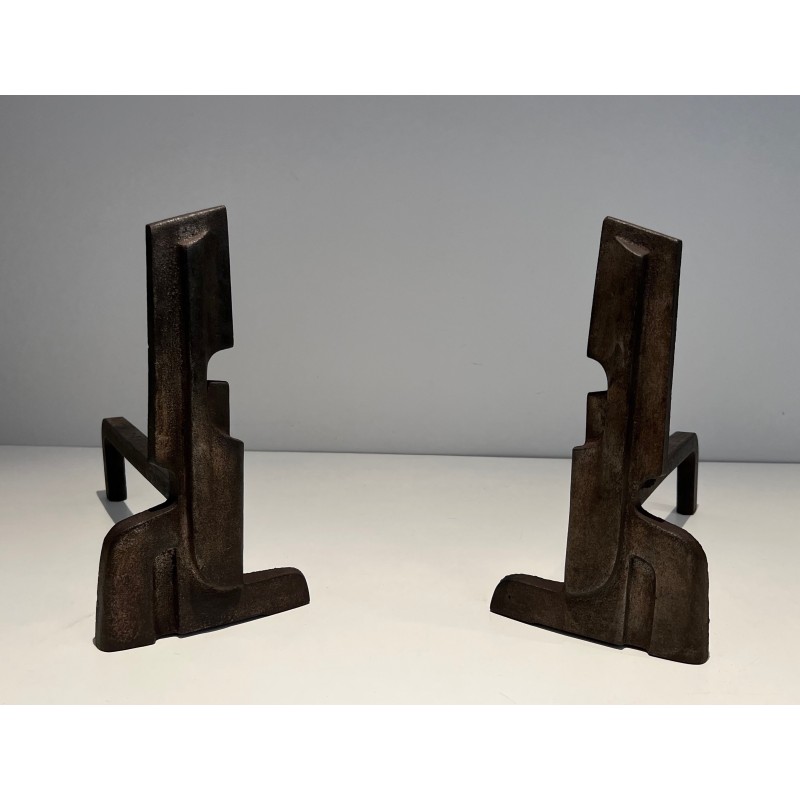 Pair of Modernist Cast Iron and Wrought Iron Andirons, French Work, circa 1940