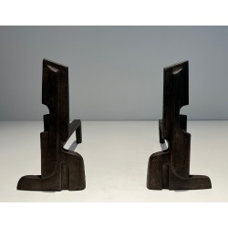 Paire de Chenets Modernistes en Fonte et Fer Forgé, Travail Français, Vers 1940