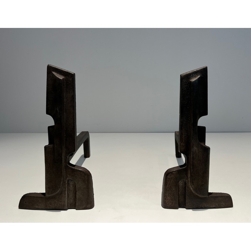 Paire de Chenets Modernistes en Fonte et Fer Forgé, Travail Français, Vers 1940