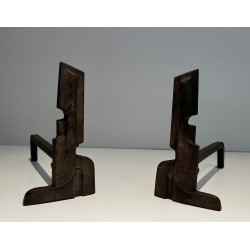 Pair of Modernist Cast Iron and Wrought Iron Andirons, French Work, circa 1940