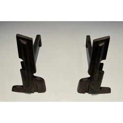 Pair of Modernist Cast Iron and Wrought Iron Andirons, French Work, circa 1940