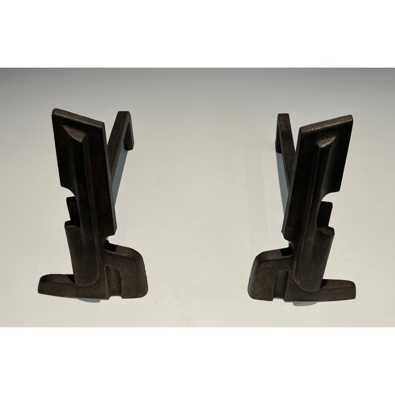 Pair of Modernist Cast Iron and Wrought Iron Andirons, French Work, circa 1940