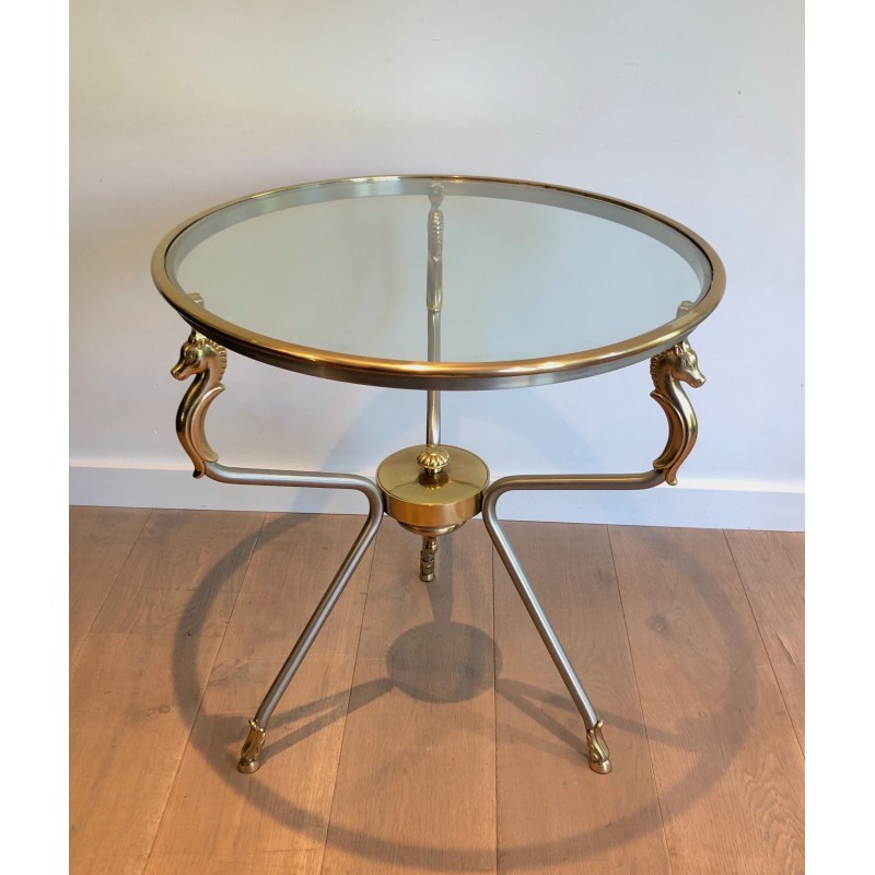 Brushed Steel and Brass Round Guéridon with Seahorse Head Supports, French Work in the Style of Maison Jansen, circa 1970
