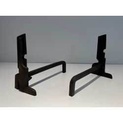 Pair of Modernist Cast Iron and Wrought Iron Andirons, French Work, circa 1940