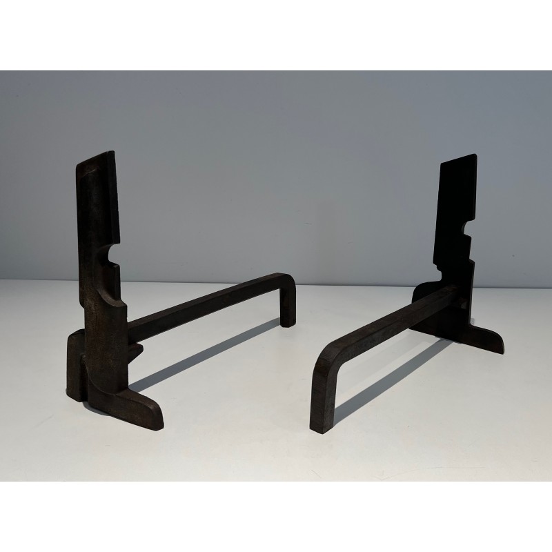 Pair of Modernist Cast Iron and Wrought Iron Andirons, French Work, circa 1940