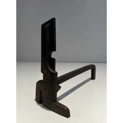 Pair of Modernist Cast Iron and Wrought Iron Andirons, French Work, circa 1940