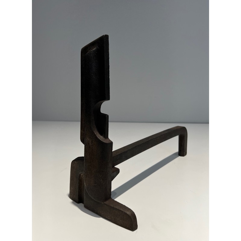 Pair of Modernist Cast Iron and Wrought Iron Andirons, French Work, circa 1940