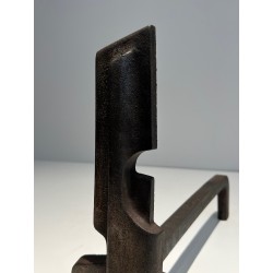 Paire de Chenets Modernistes en Fonte et Fer Forgé, Travail Français, Vers 1940