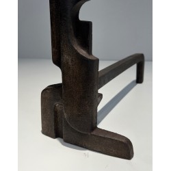 Paire de Chenets Modernistes en Fonte et Fer Forgé, Travail Français, Vers 1940