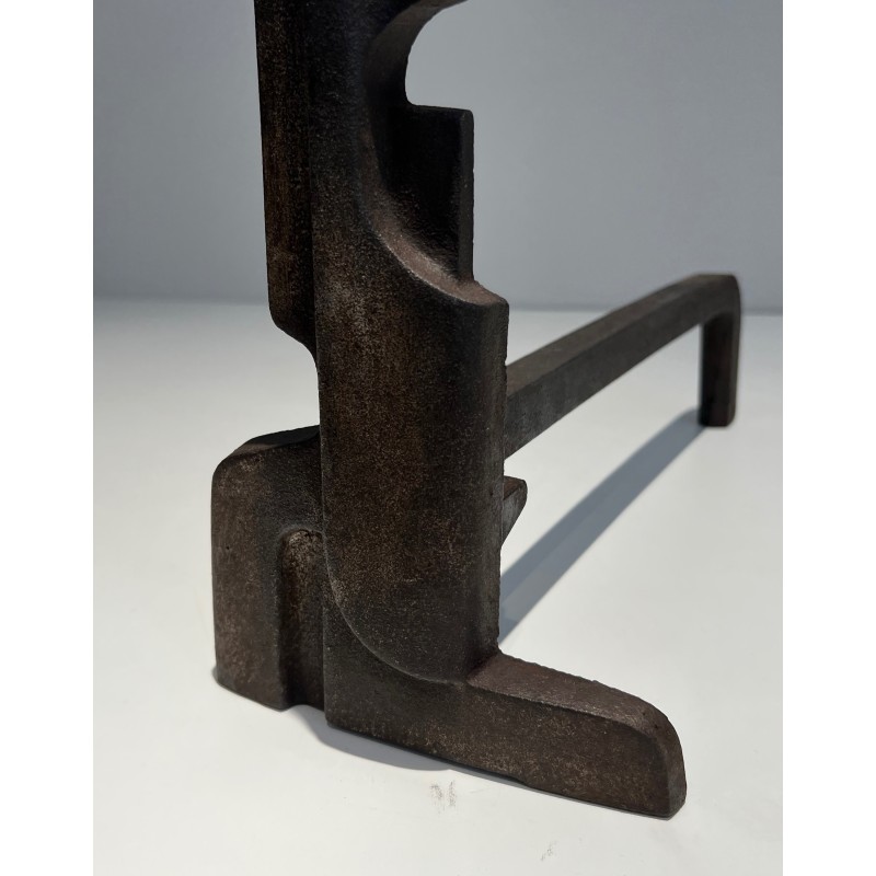 Pair of Modernist Cast Iron and Wrought Iron Andirons, French Work, circa 1940