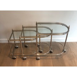 Set of Three Silvered Brass Nesting Drinks Trolleys with Removable Glass Trays by Maison Baguès, circa 1940