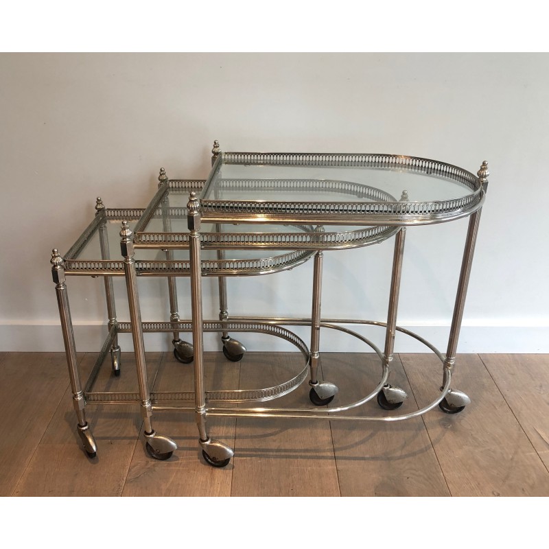 Set of Three Silvered Brass Nesting Drinks Trolleys with Removable Glass Trays by Maison Baguès, circa 1940