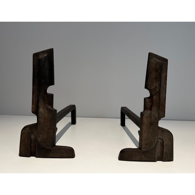 Pair of Modernist Cast Iron and Wrought Iron Andirons, French Work, circa 1940