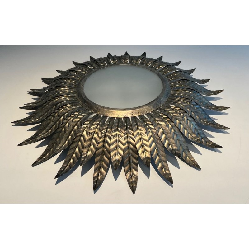 Plafonnier ou Applique Soleil en Métal Argenté | Travail Français, vers 1970