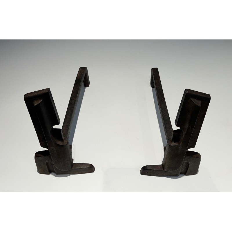 Pair of Modernist Cast Iron and Wrought Iron Andirons, French Work, circa 1940
