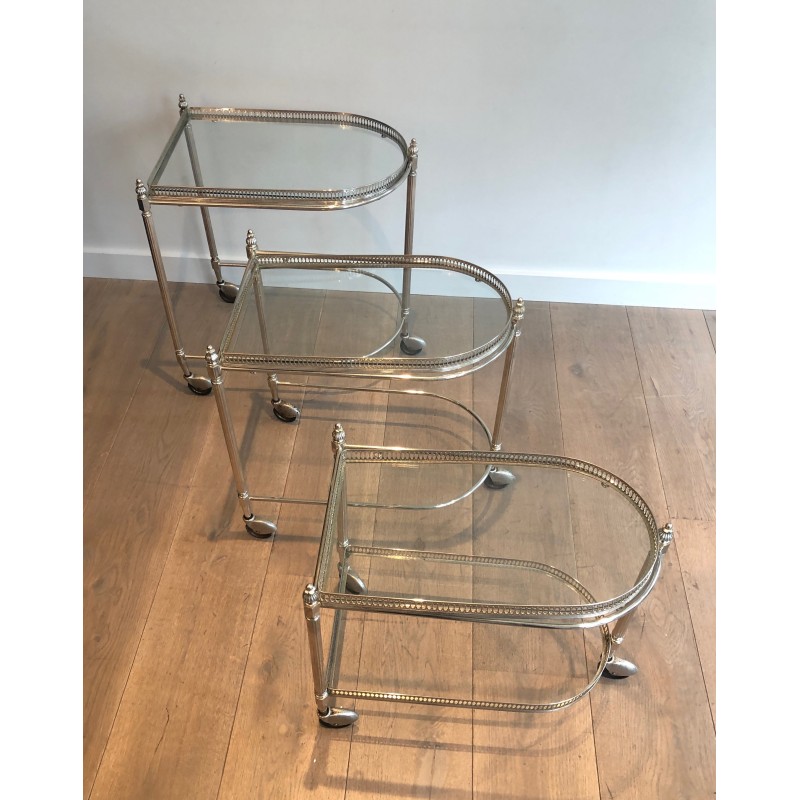 Set of Three Silvered Brass Nesting Drinks Trolleys with Removable Glass Trays by Maison Baguès, circa 1940