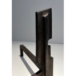 Paire de Chenets Modernistes en Fonte et Fer Forgé, Travail Français, Vers 1940