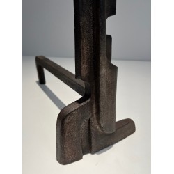 Pair of Modernist Cast Iron and Wrought Iron Andirons, French Work, circa 1940
