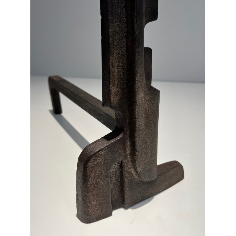 Pair of Modernist Cast Iron and Wrought Iron Andirons, French Work, circa 1940