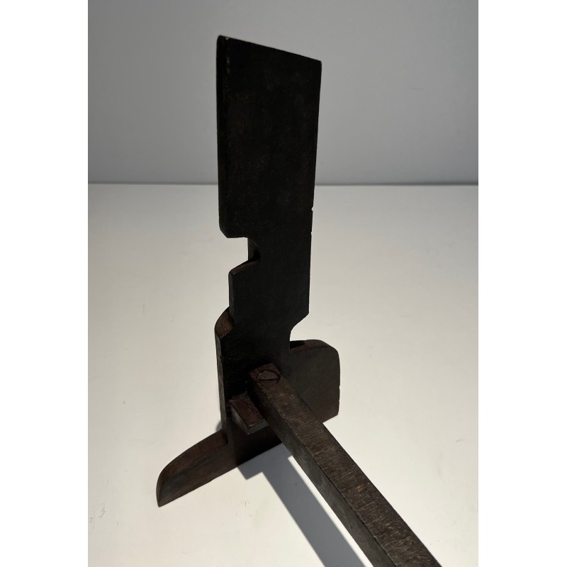 Paire de Chenets Modernistes en Fonte et Fer Forgé, Travail Français, Vers 1940