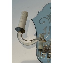 Pair of Murano Art Déco Wall Lights with Engraved Mirror and Crystal | circa 1940