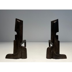 Paire de Chenets Modernistes en Fonte et Fer Forgé, Travail Français, Vers 1940