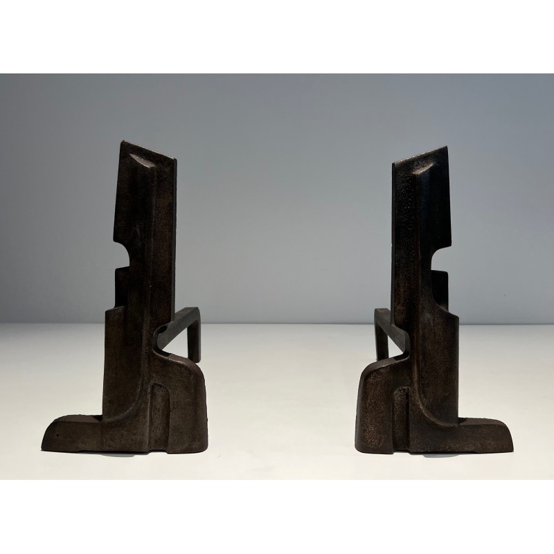 Paire de Chenets Modernistes en Fonte et Fer Forgé, Travail Français, Vers 1940