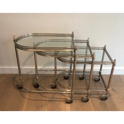 Set of Three Silvered Brass Nesting Drinks Trolleys with Removable Glass Trays by Maison Baguès, circa 1940