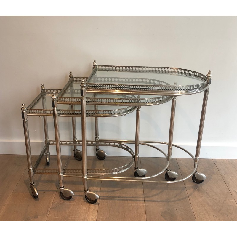 Set of Three Silvered Brass Nesting Drinks Trolleys with Removable Glass Trays by Maison Baguès, circa 1940
