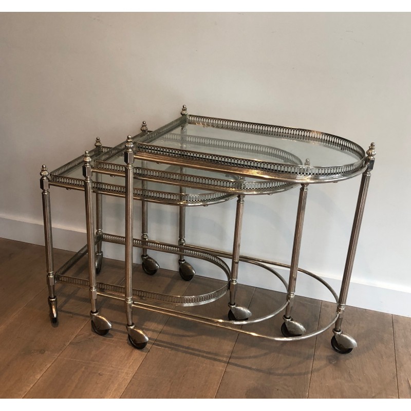 Set of Three Silvered Brass Nesting Drinks Trolleys with Removable Glass Trays by Maison Baguès, circa 1940