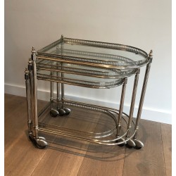 Set of Three Silvered Brass Nesting Drinks Trolleys with Removable Glass Trays by Maison Baguès, circa 1940