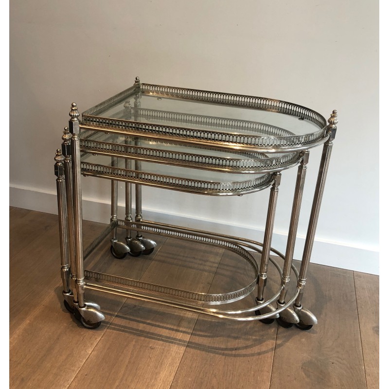 Set of Three Silvered Brass Nesting Drinks Trolleys with Removable Glass Trays by Maison Baguès, circa 1940