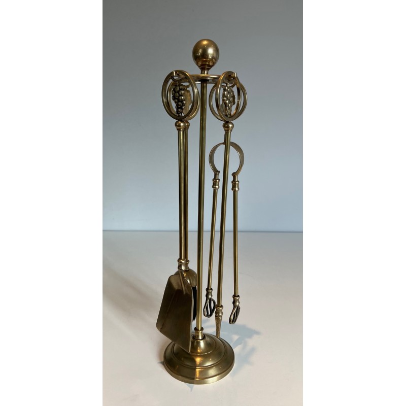 Neoclassical Style Brass Fireplace Tools with Grape Cluster Motif, French Work, circa 1950