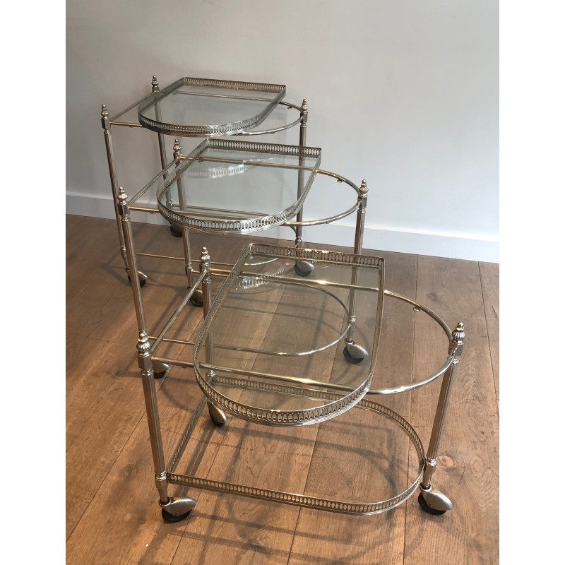 Set of Three Silvered Brass Nesting Drinks Trolleys with Removable Glass Trays by Maison Baguès, circa 1940