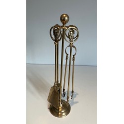 Neoclassical Style Brass Fireplace Tools with Grape Cluster Motif, French Work, circa 1950