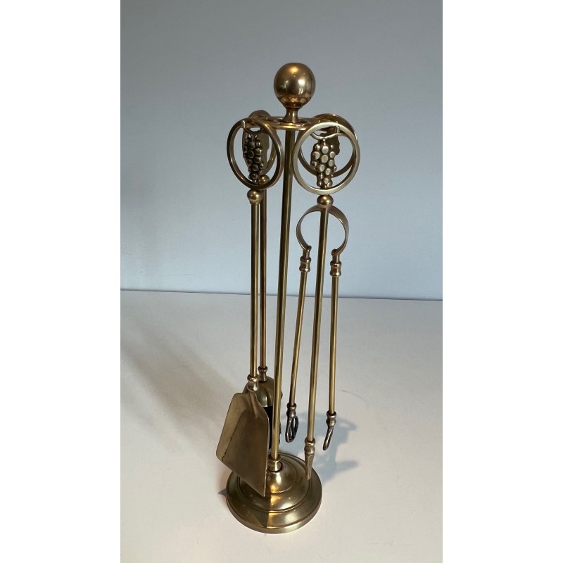 Neoclassical Style Brass Fireplace Tools with Grape Cluster Motif, French Work, circa 1950