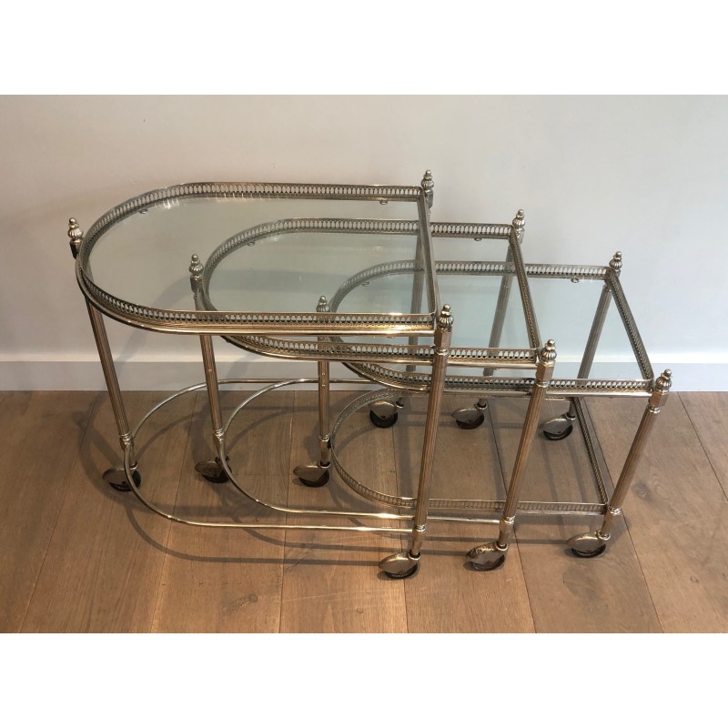 Set of Three Silvered Brass Nesting Drinks Trolleys with Removable Glass Trays by Maison Baguès, circa 1940