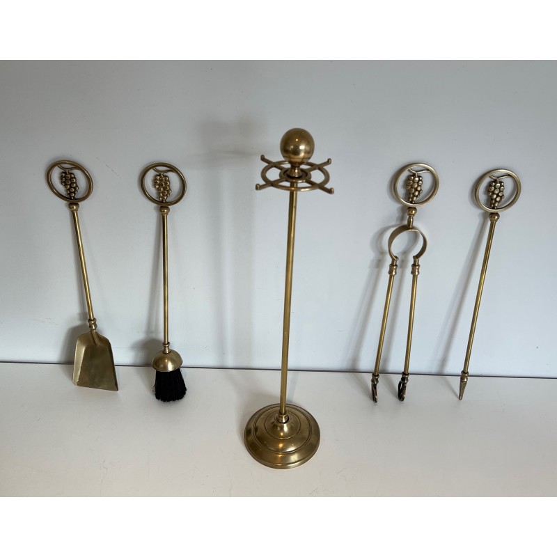Neoclassical Style Brass Fireplace Tools with Grape Cluster Motif, French Work, circa 1950
