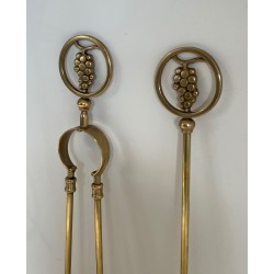 Neoclassical Style Brass Fireplace Tools with Grape Cluster Motif, French Work, circa 1950