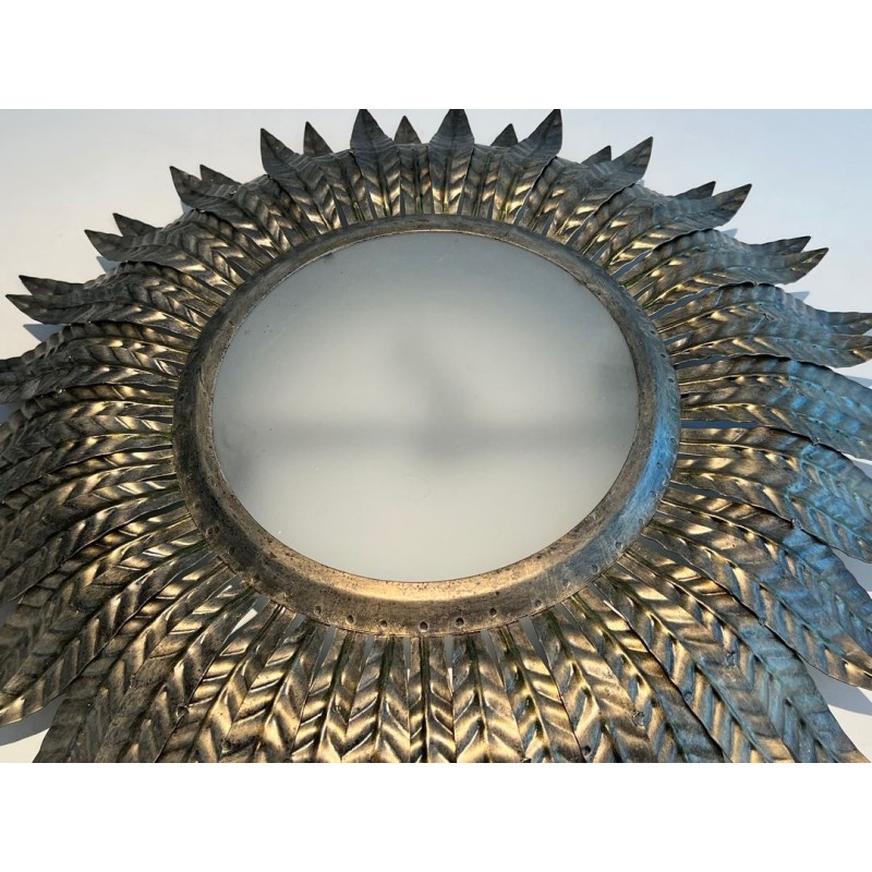 Silvered Metal Sunburst Wall Light or Ceiling Fixture | French Work, circa 1970