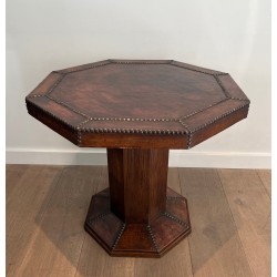 Octagonal Pedestal Table in Oak and Studded Leather, French Work, circa 1900
