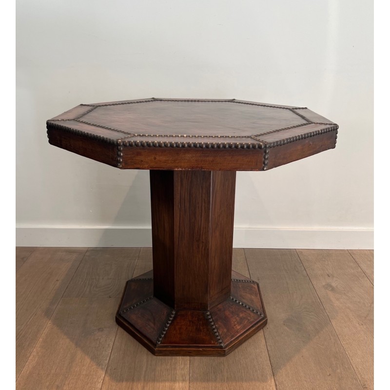 Octagonal Pedestal Table in Oak and Studded Leather, French Work, circa 1900