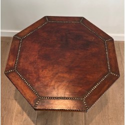 Octagonal Pedestal Table in Oak and Studded Leather, French Work, circa 1900