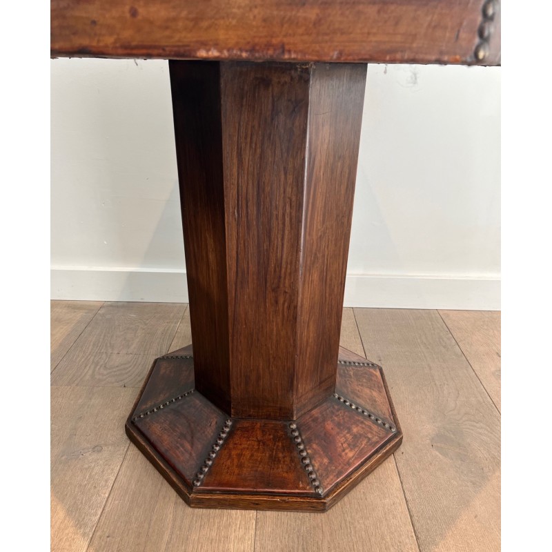 Octagonal Pedestal Table in Oak and Studded Leather, French Work, circa 1900