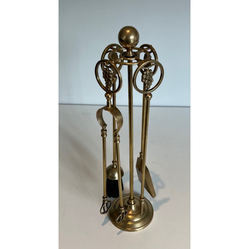 Neoclassical Style Brass Fireplace Tools with Grape Cluster Motif, French Work, circa 1950