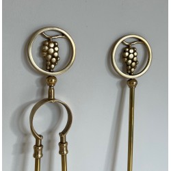 Neoclassical Style Brass Fireplace Tools with Grape Cluster Motif, French Work, circa 1950