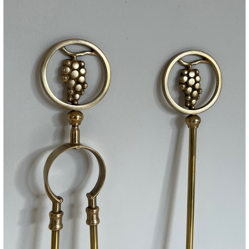 Neoclassical Style Brass Fireplace Tools with Grape Cluster Motif, French Work, circa 1950