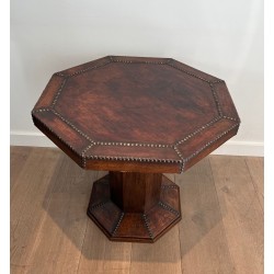 Octagonal Pedestal Table in Oak and Studded Leather, French Work, circa 1900