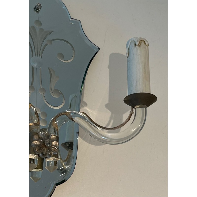 Pair of Murano Art Déco Wall Lights with Engraved Mirror and Crystal | circa 1940
